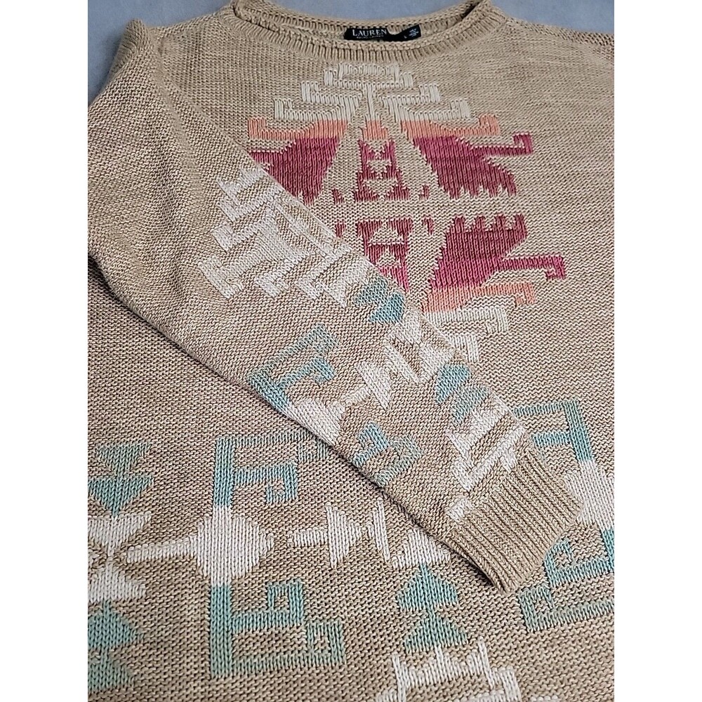LRL Sweater Womens L Brown Green Pullover Cotton Linen Knit Aztec Preppy Cottage - Picture 6 of 15